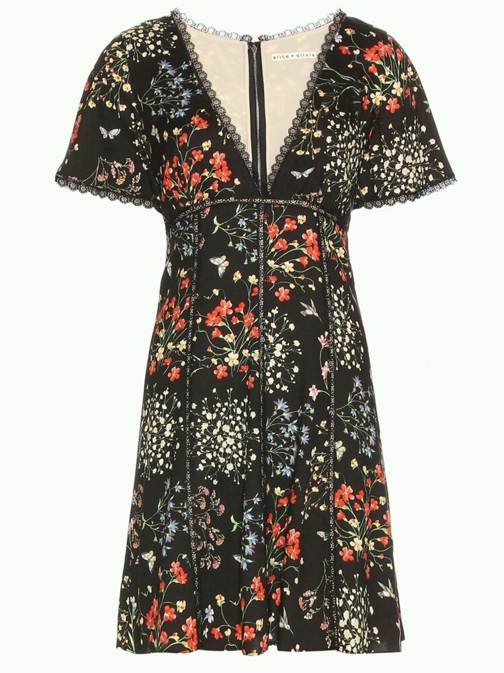 Alice + Olivia Amara Floral Mini Dress Black V Neck Lace Trim Fit Flare Size 4